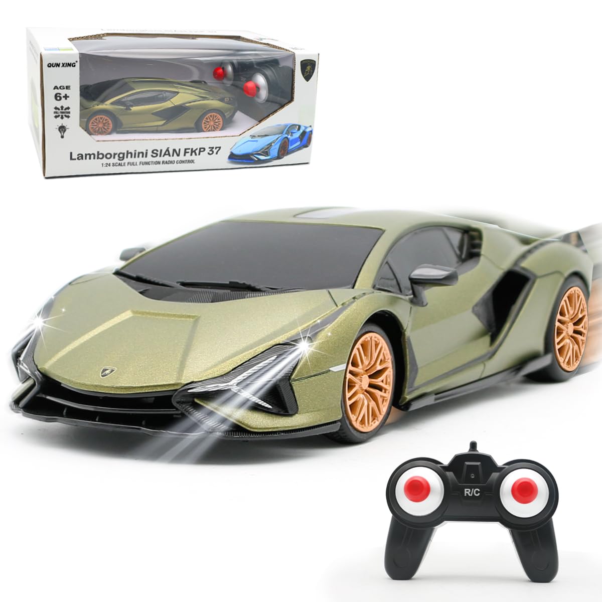 QUN XING Lamborghini Sian 1:24 RC car front view, ideal for indoor play and display.