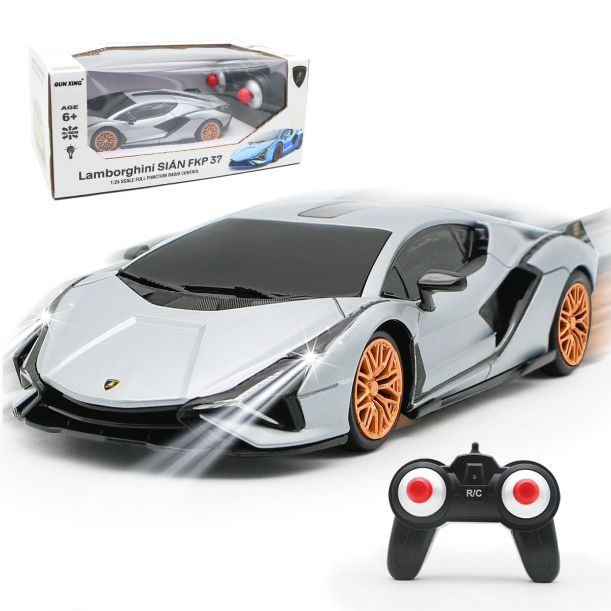 QUN XING Lamborghini Sian 1:24 side view, indoor play ready.