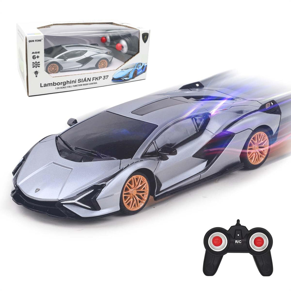 QUN XING Lamborghini Sian silver finish, eye-catching toy on shelf.
