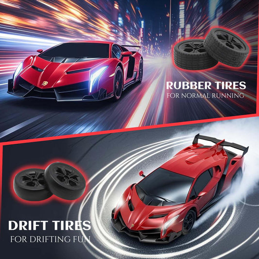 QUN XING Veneno RC car drift wheels close-up for sharp turns and drifting.