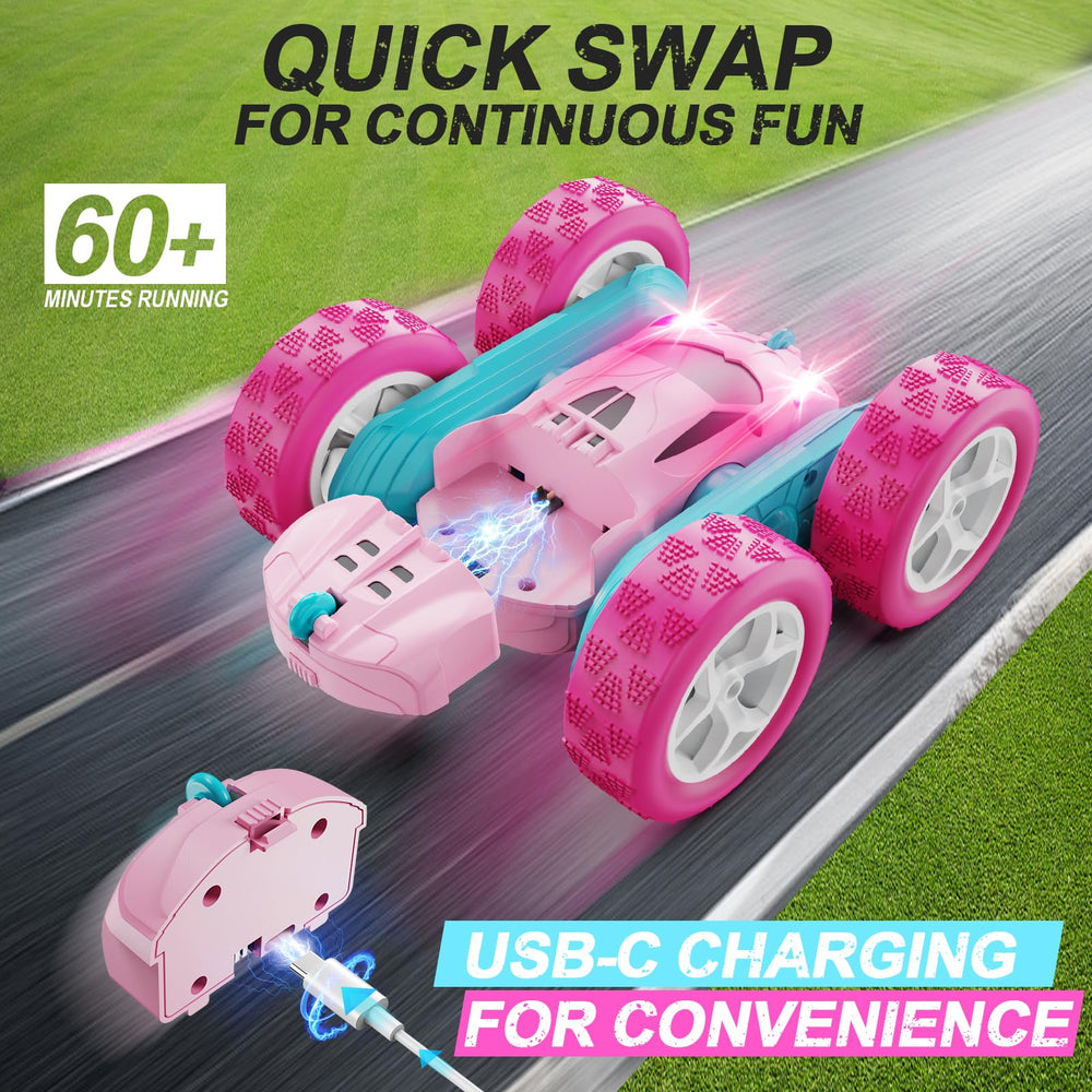 QUNREDA pink RC car side angle showing detachable battery modules for extended play