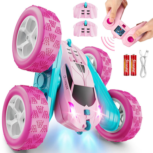 QUNREDA pink remote control car front view with lights for action play
