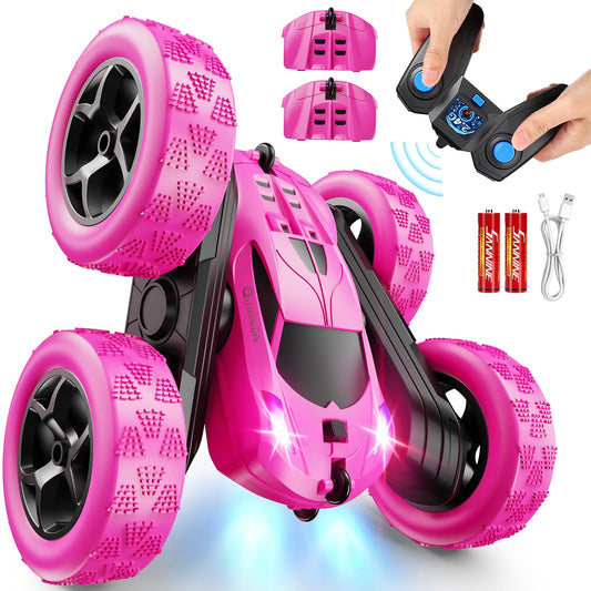 QUNREDA RC car front view in rose color, ideal for indoor play.