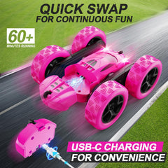 QUNREDA RC car rear view highlights durable build for outdoor fun.