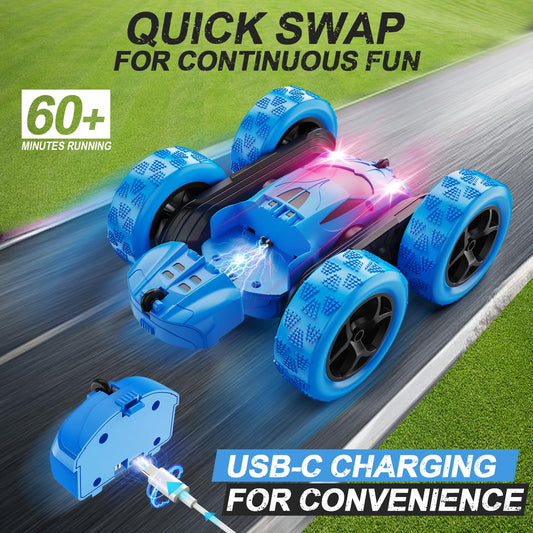 QUNREDA RC car side view showing stunt setup and 360° flips