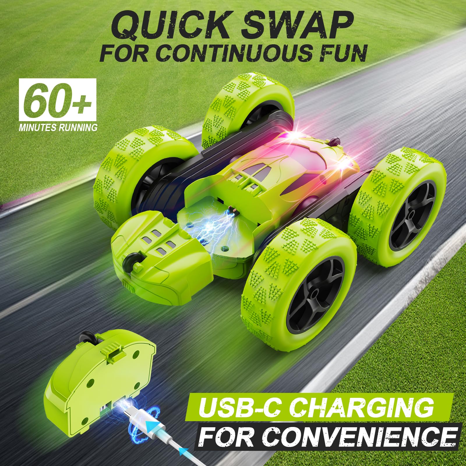 QUNREDA RC stunt car 360° spin enables dramatic flips during play.