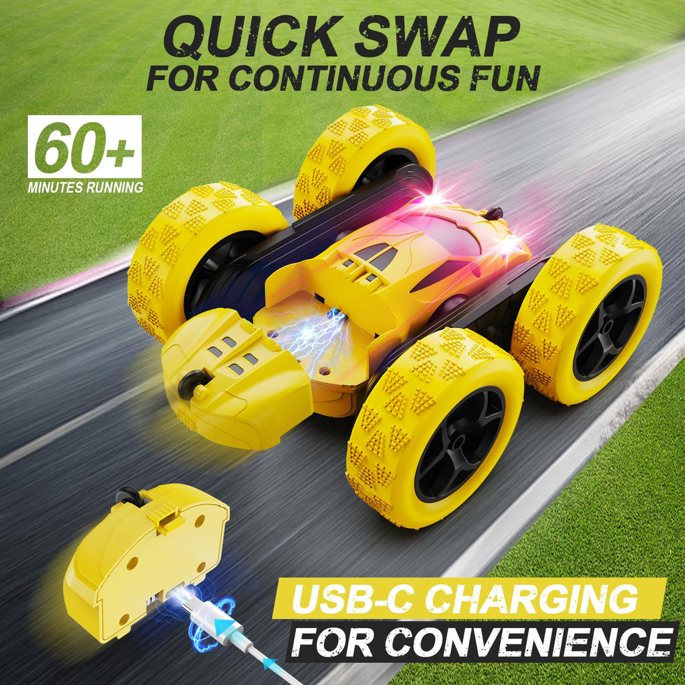 QUNREDA RC stunt car battery modules shown for easy swapping and longer play sessions.