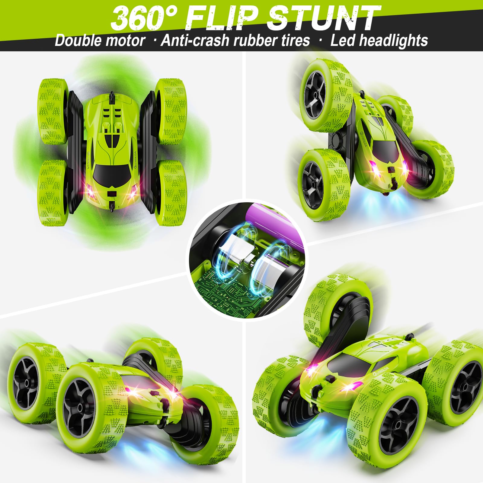 QUNREDA RC stunt car detachable battery module design enhances charging safety.