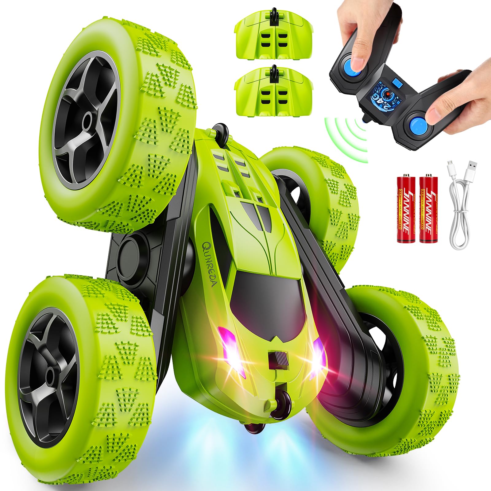 QUNREDA RC stunt car front view highlights 4WD capability for kids.
