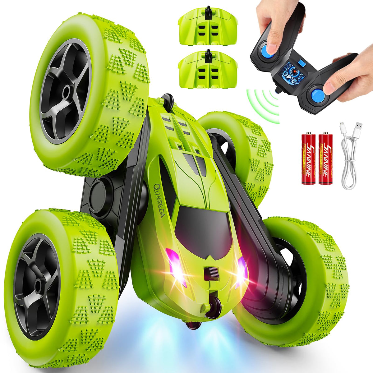 QUNREDA RC stunt car front view highlights 4WD capability for kids.