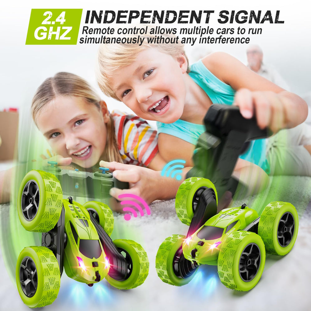QUNREDA RC stunt car headlights guide night-time explorations.