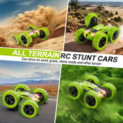 QUNREDA RC stunt car off-road tires provide grip on grass and sand.