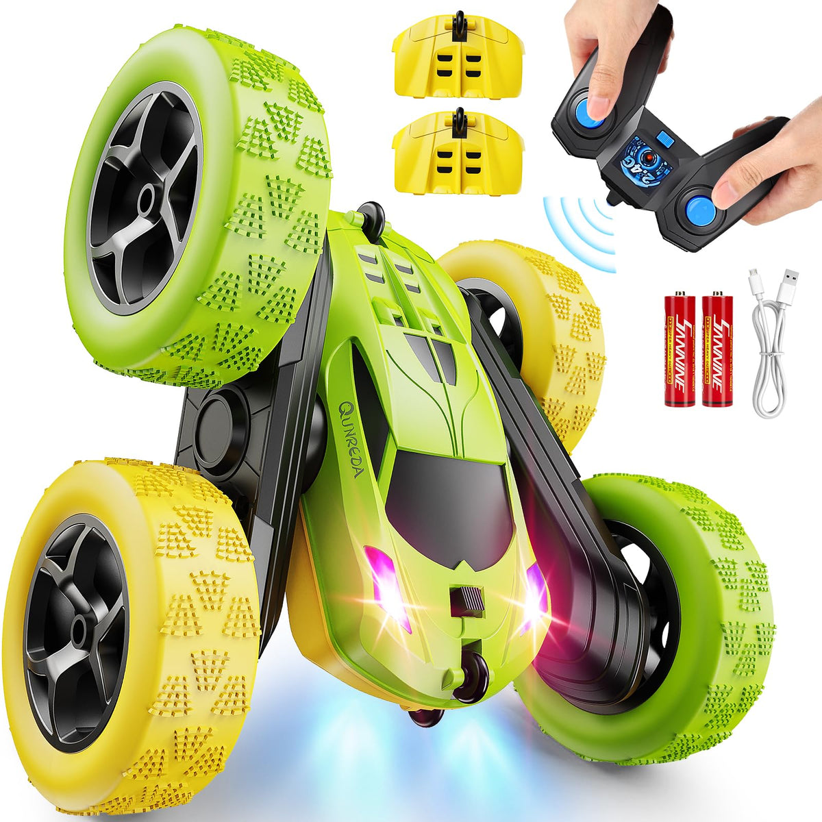 QUNREDA RC car front view in yellow-green for outdoor play