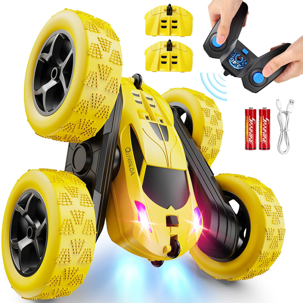 QUNREDA remote-control car yellow front view for outdoor play and high visibility.