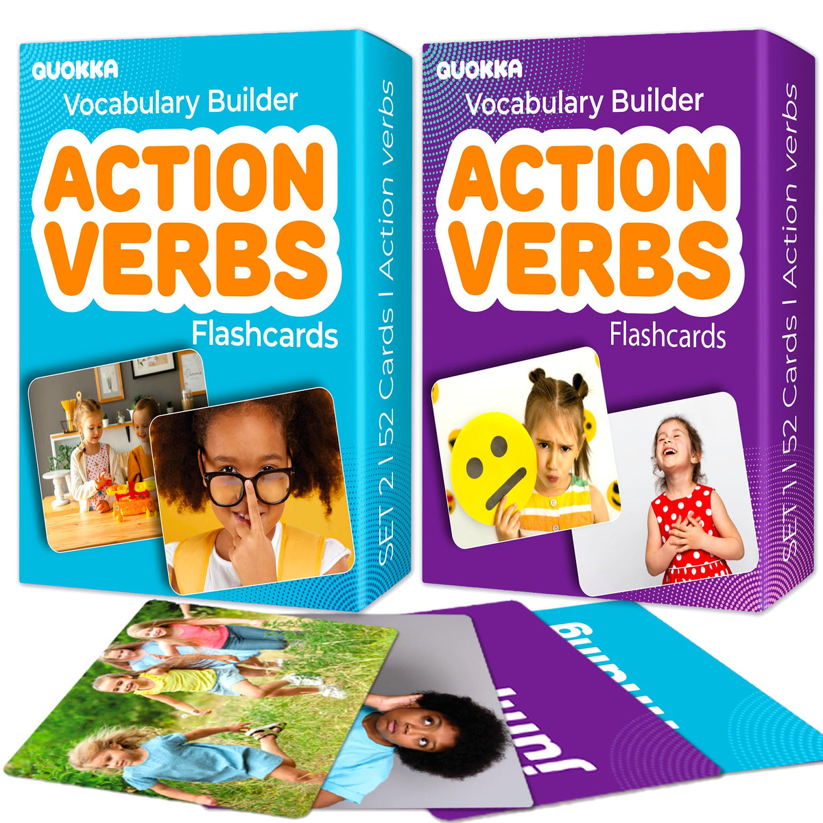 QUOKKA 104 Action Verbs Flash Cards cover showing vibrant learning tools for therapy and ESL