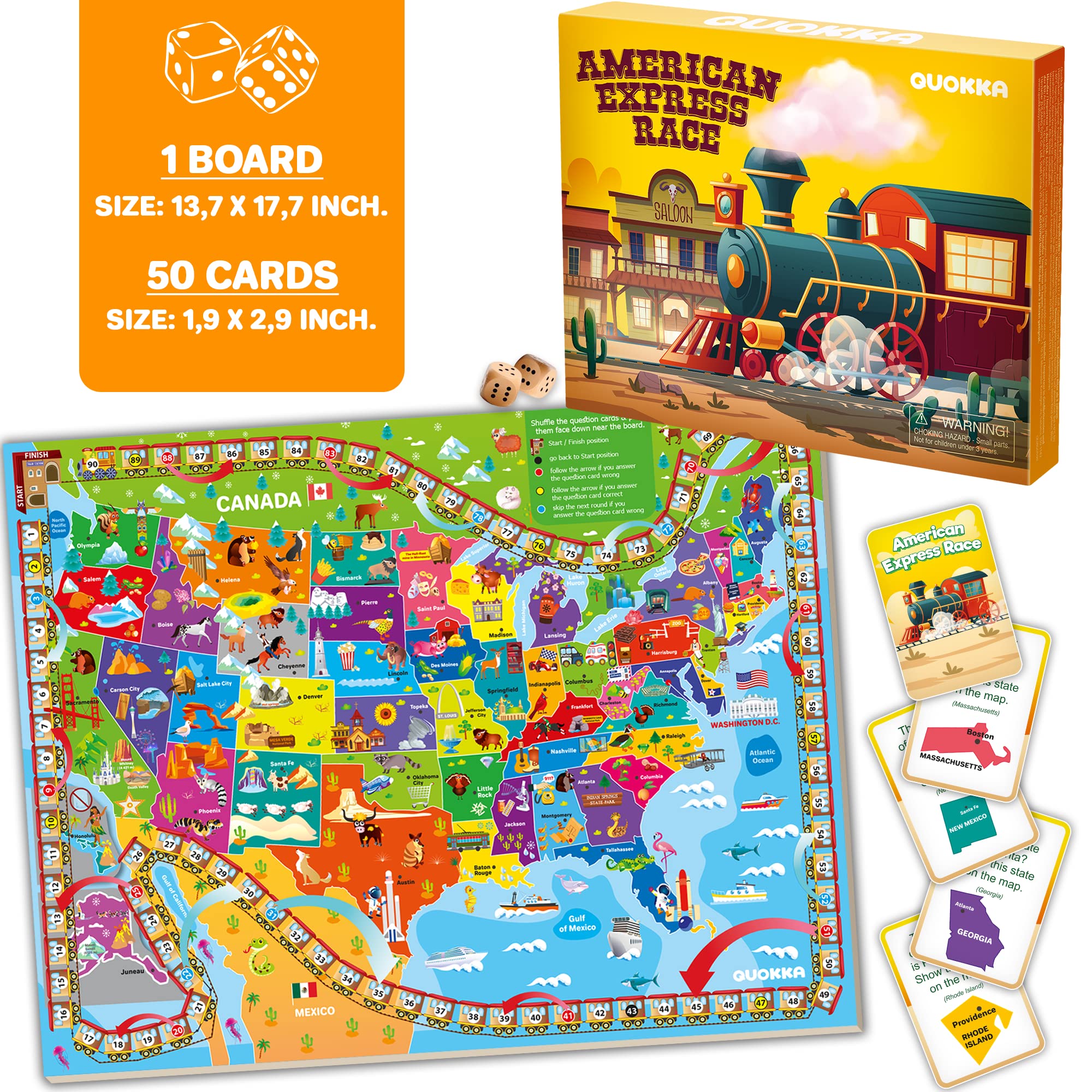 QUOKKA 3X Set US landmarks card displays travel quiz for kids and teens.