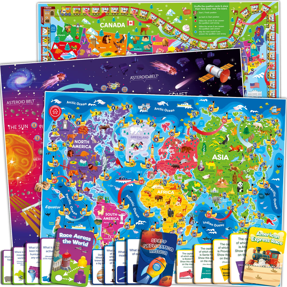 QUOKKA 3X Set world map image encourages geography exploration during family game night.