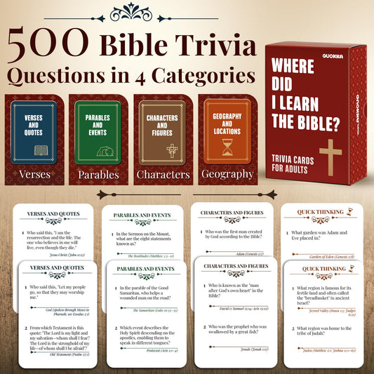 QUOKKA Bible Trivia Card Collection close-up of 500 questions for study
