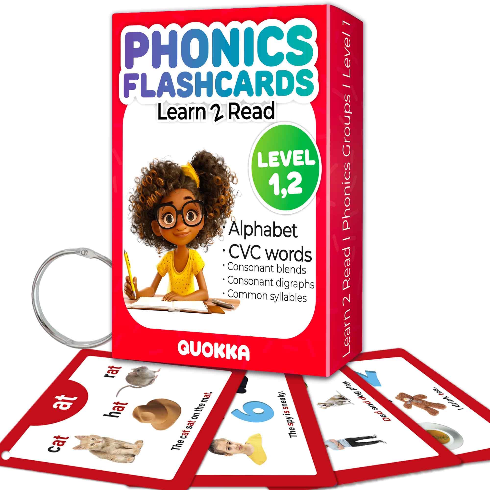 QUOKKA CVC flash cards front graphic to engage early readers.