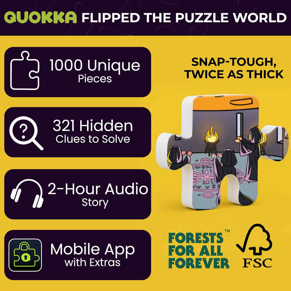 Close-up of 1000-piece puzzle pieces showing unique cat-kingdom imagery.