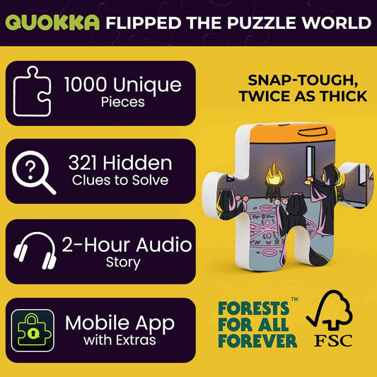 Close-up of 1000-piece puzzle pieces showing unique cat-kingdom imagery.