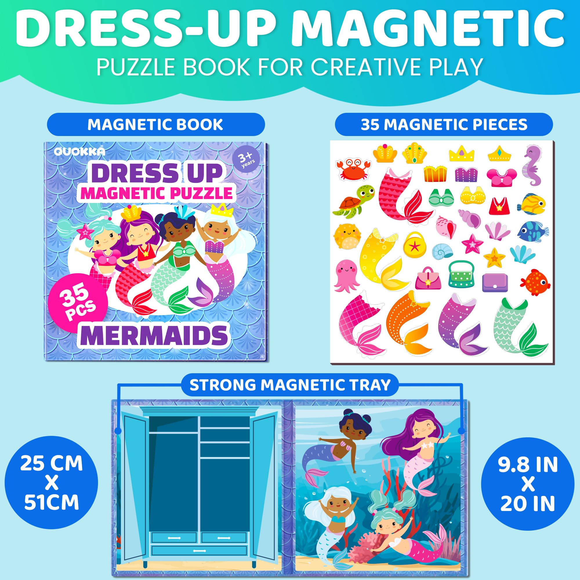 Close-up of QUOKKA magnetic pieces showing vibrant dress-up outfits for creative storytelling.