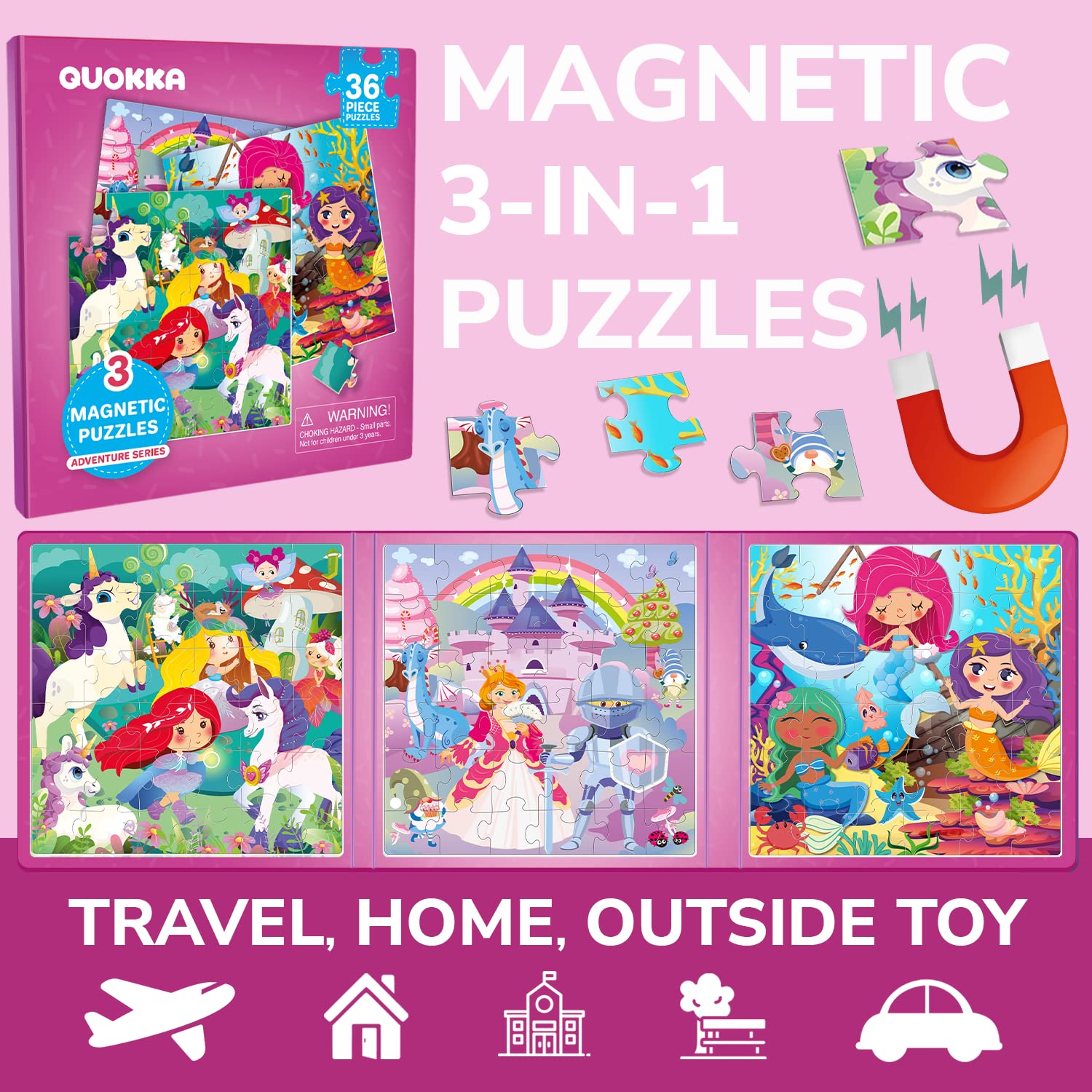 QUOKKA magnetic puzzles with unicorn and mermaid scenes for engaging toddler learning on the go