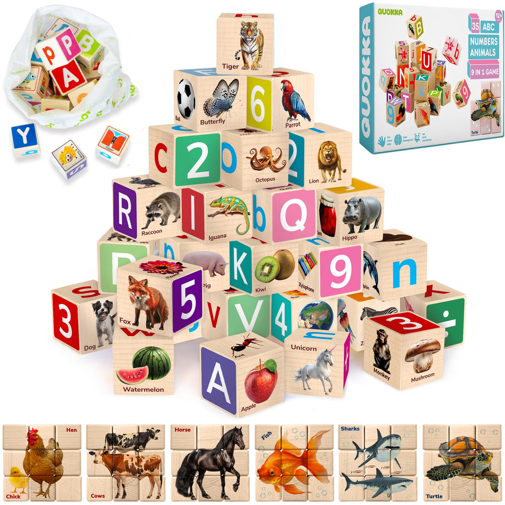 QUOKKA Montessori blocks showing alphabet letters on a peg board for letter recognition