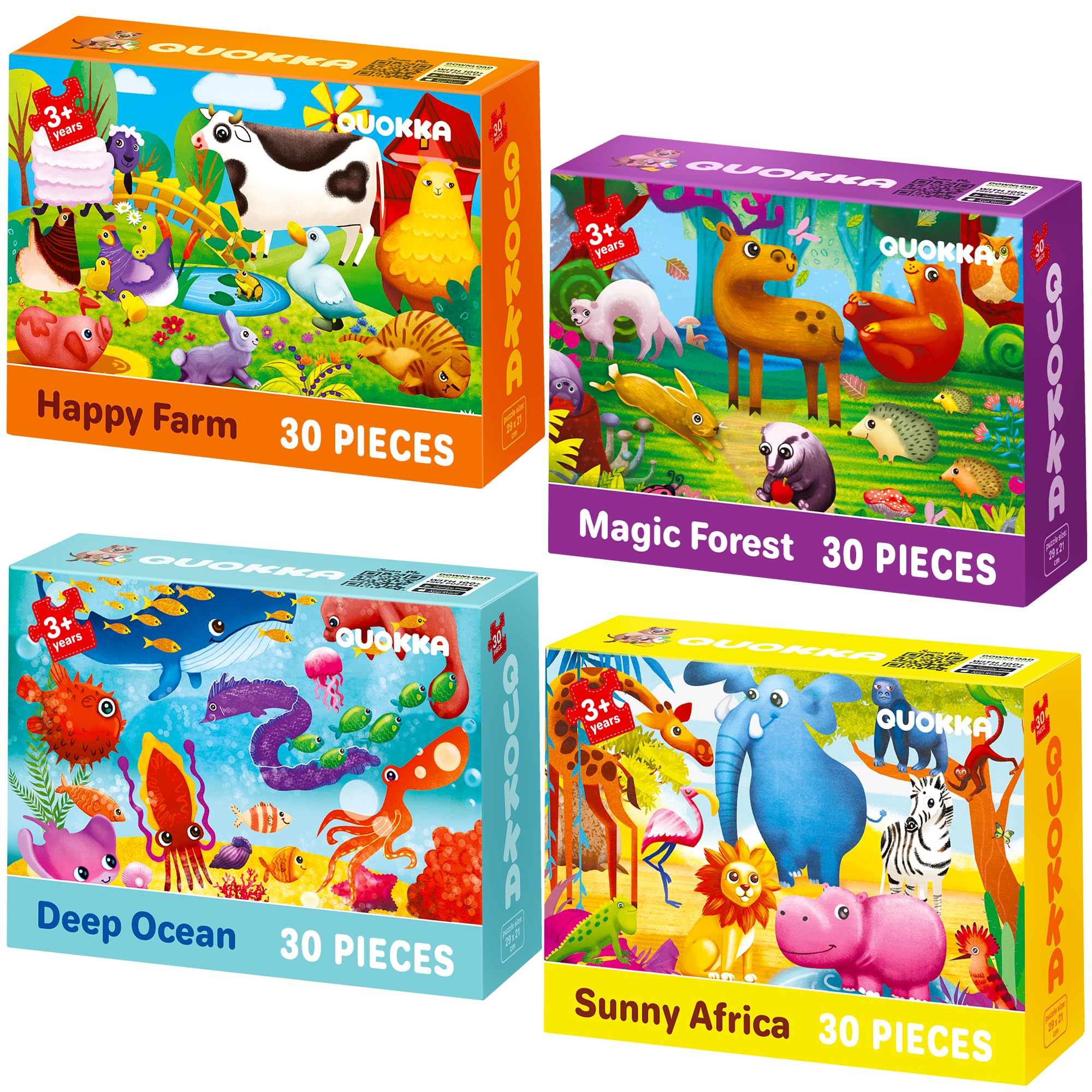 QUOKKA Puzzles 4-pack Happy Farm scenes enhance color recognition and problem-solving.