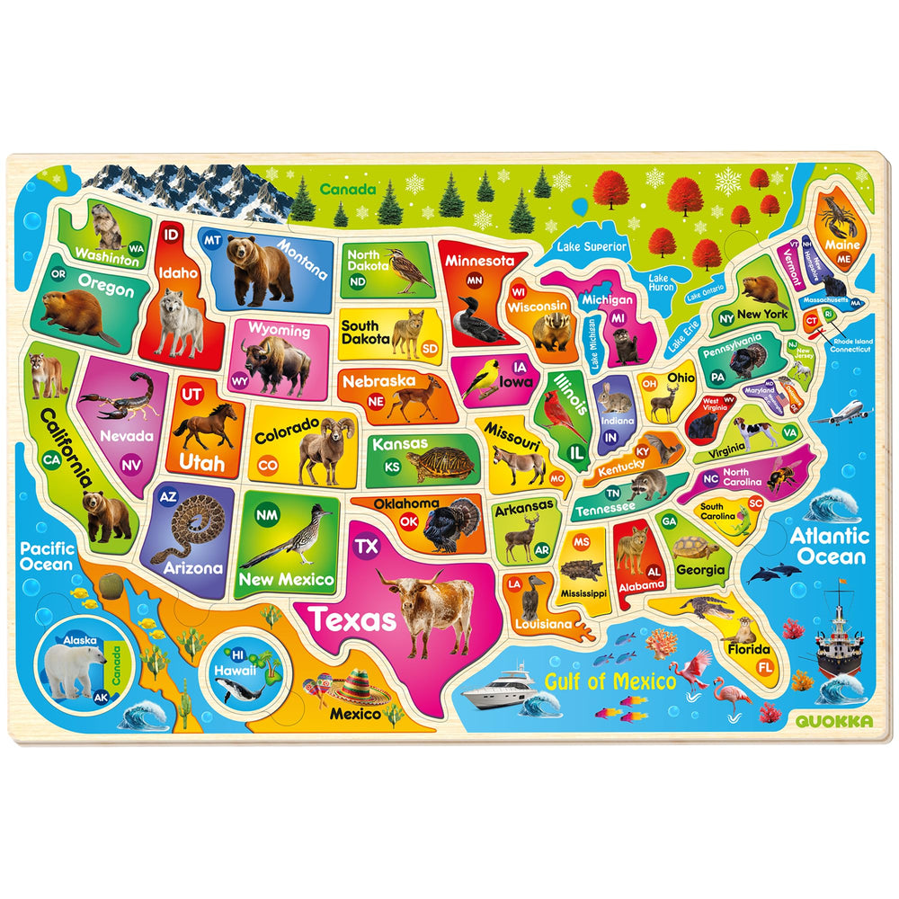 QUOKKA Puzzles Realistic USA map wooden board helps kids learn state locations hands-on.