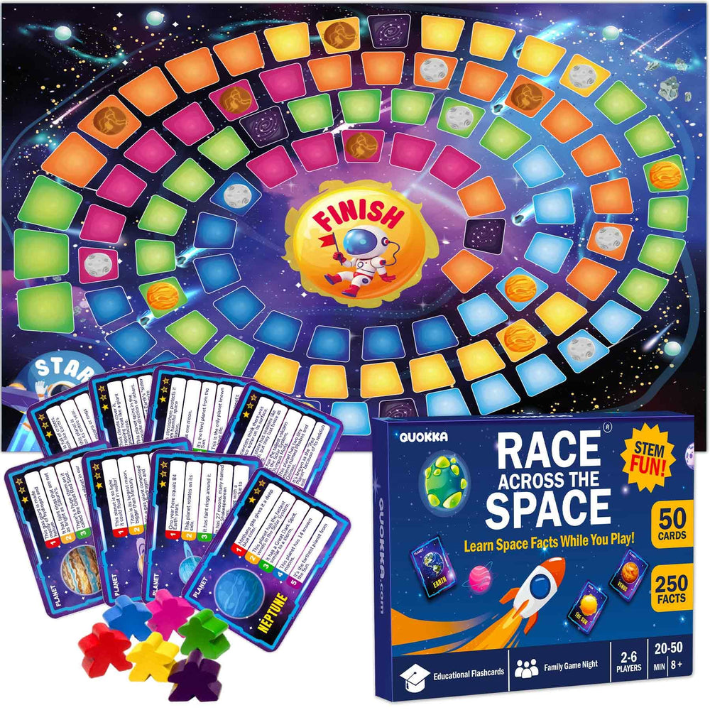 QUOKKA Space Board Game on spiral galaxy board for family learning and fun.