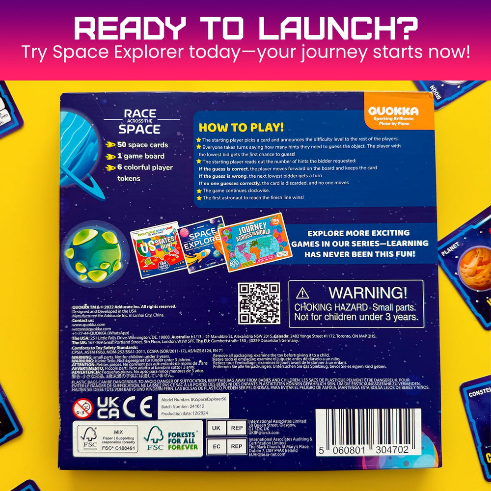 QUOKKA Space Board Game family play session highlighting 3 difficulty levels.