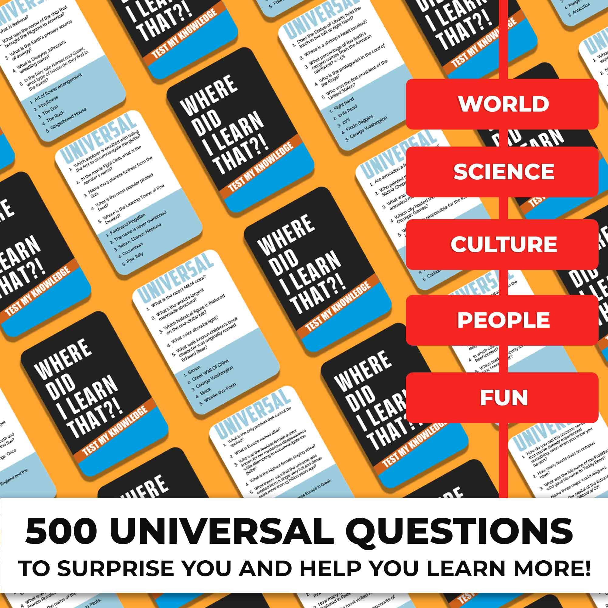 QUOKKA trivia card format showing five questions per card for easy play.