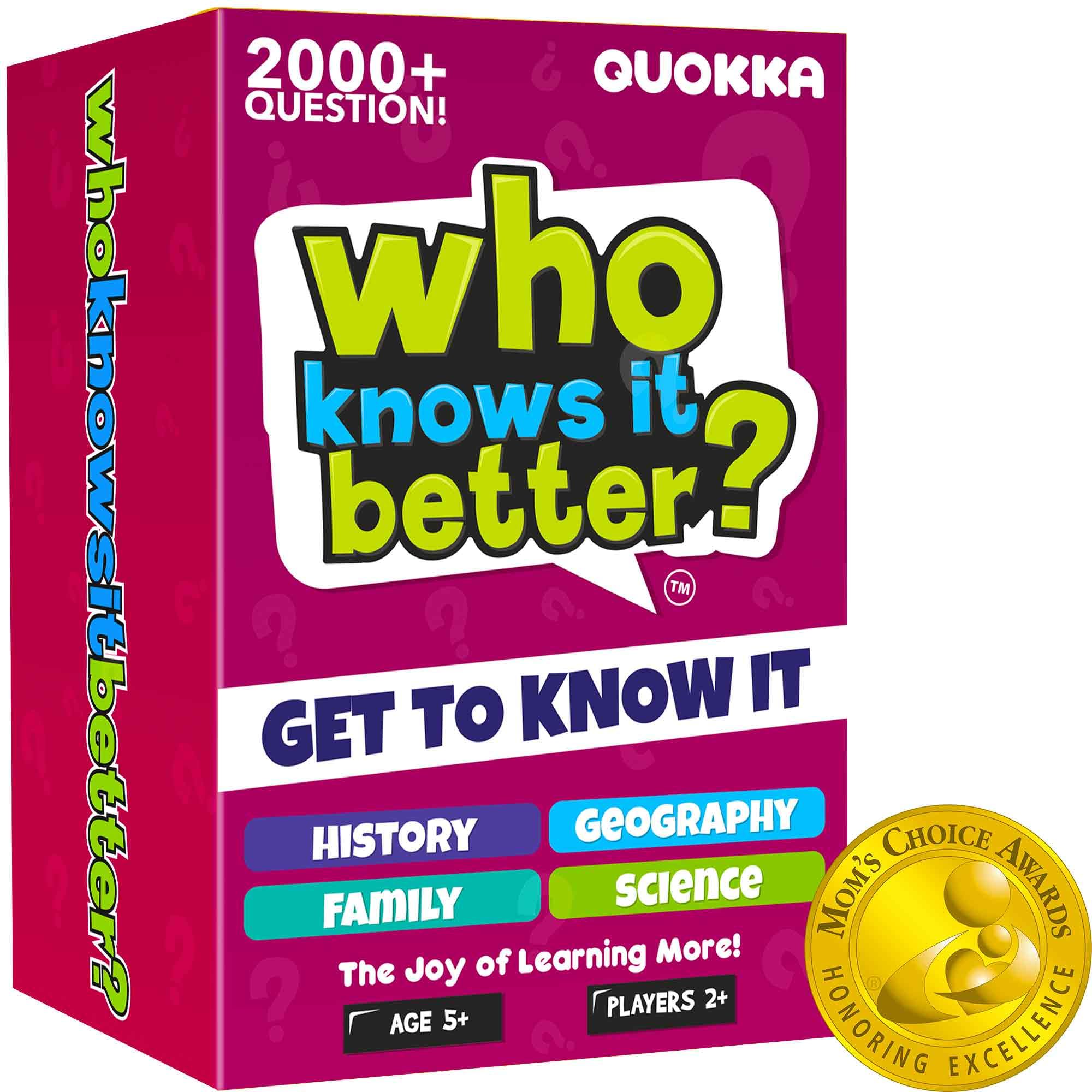 QUOKKA Who Knows Better? 4-in-1 set cover for versatile family trivia sessions.
