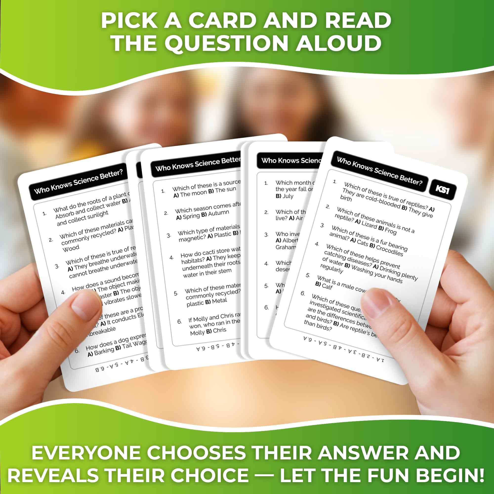 QUOKKA Who Knows Better card deck for quick science quizzes at home.