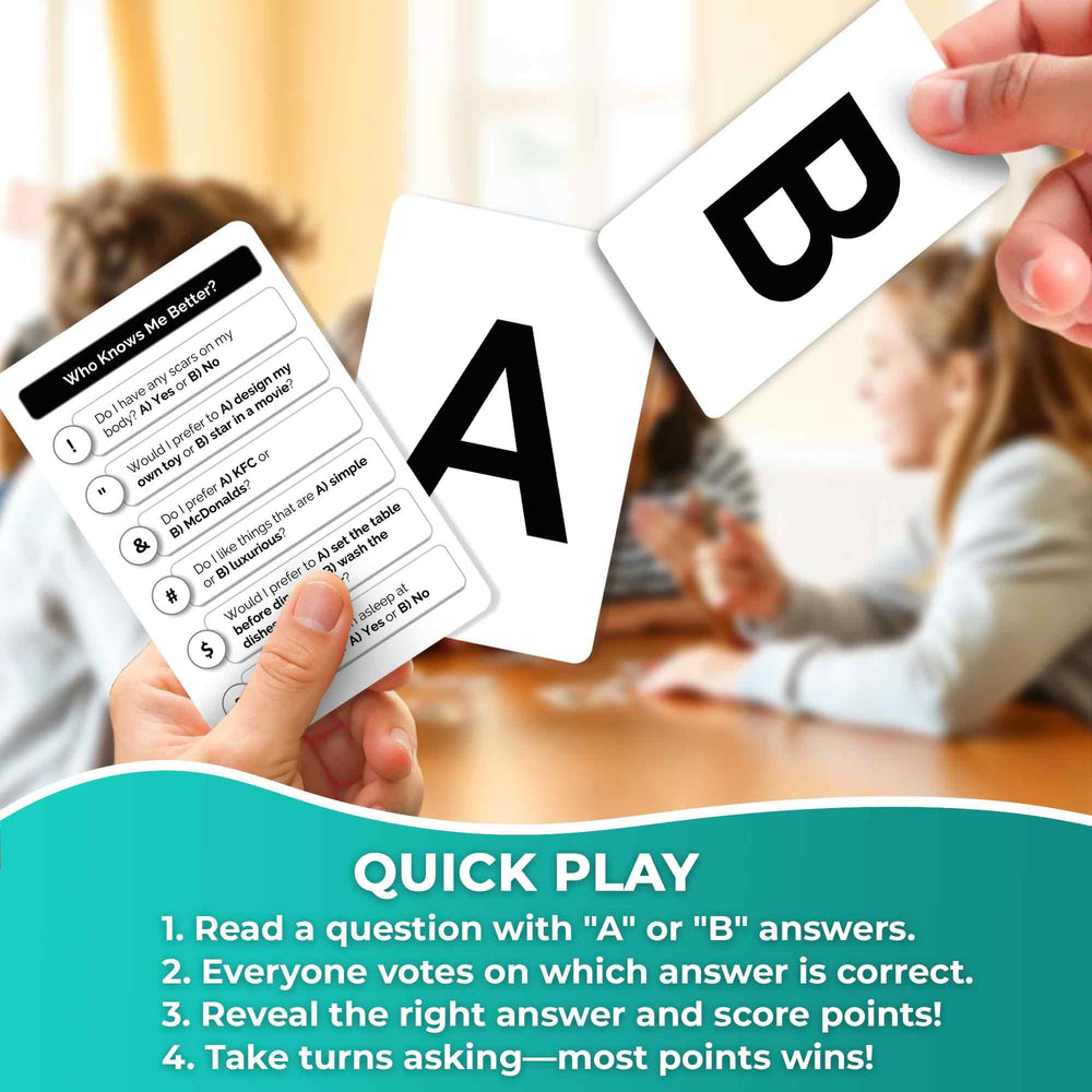 QUOKKA Who Knows Better Original family night setup showing players seated around a table.