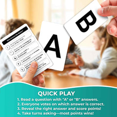 QUOKKA Who Knows Better Original family night setup showing players seated around a table.