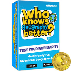 QUOKKA Who Knows Geography Better? Front cover invites family game night.