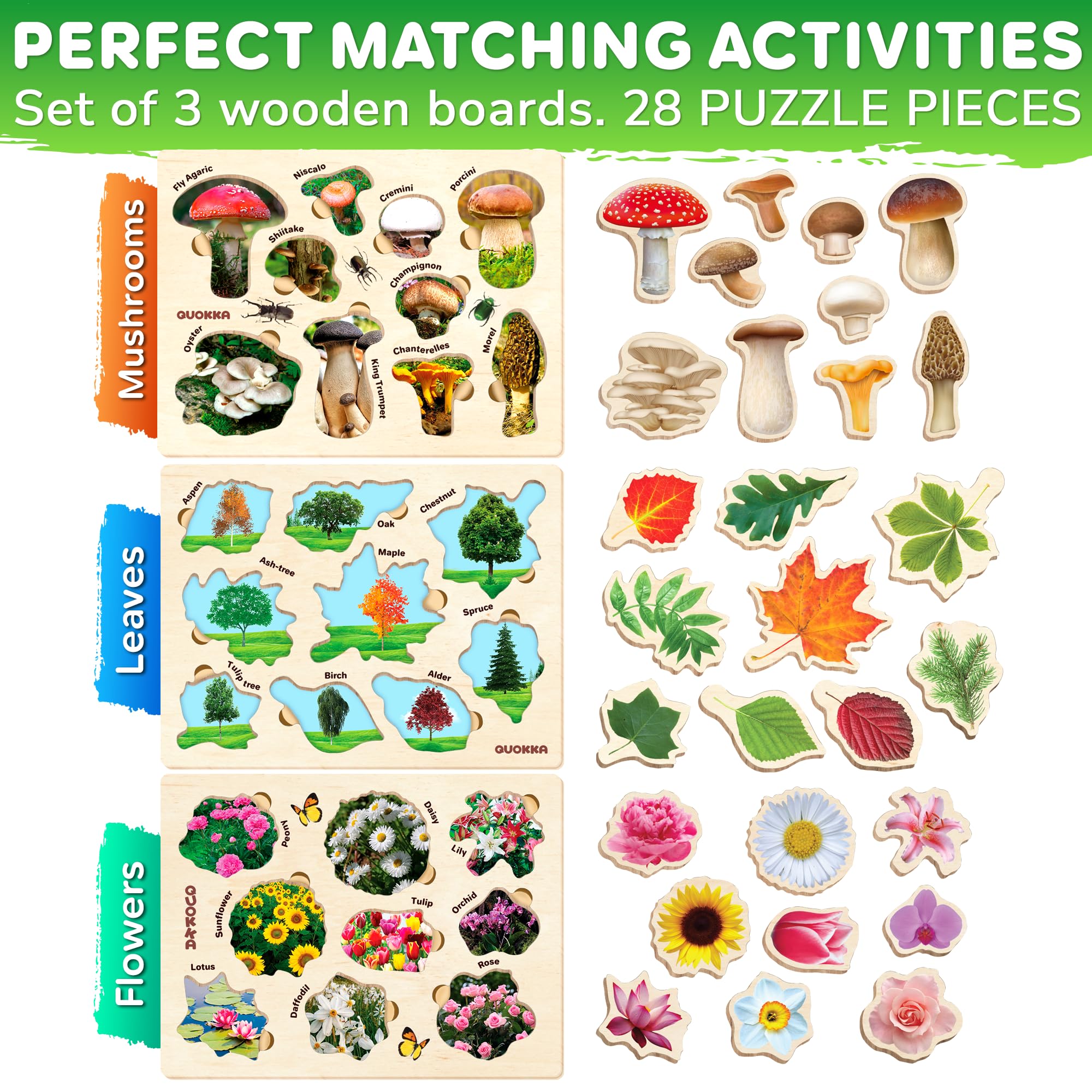 QUOKKA wooden puzzle trees promote fine motor skills through simple, engaging tree matching.