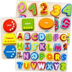 QUOKKA wooden puzzle 3-set on display, bright colors support early learning and exploration.