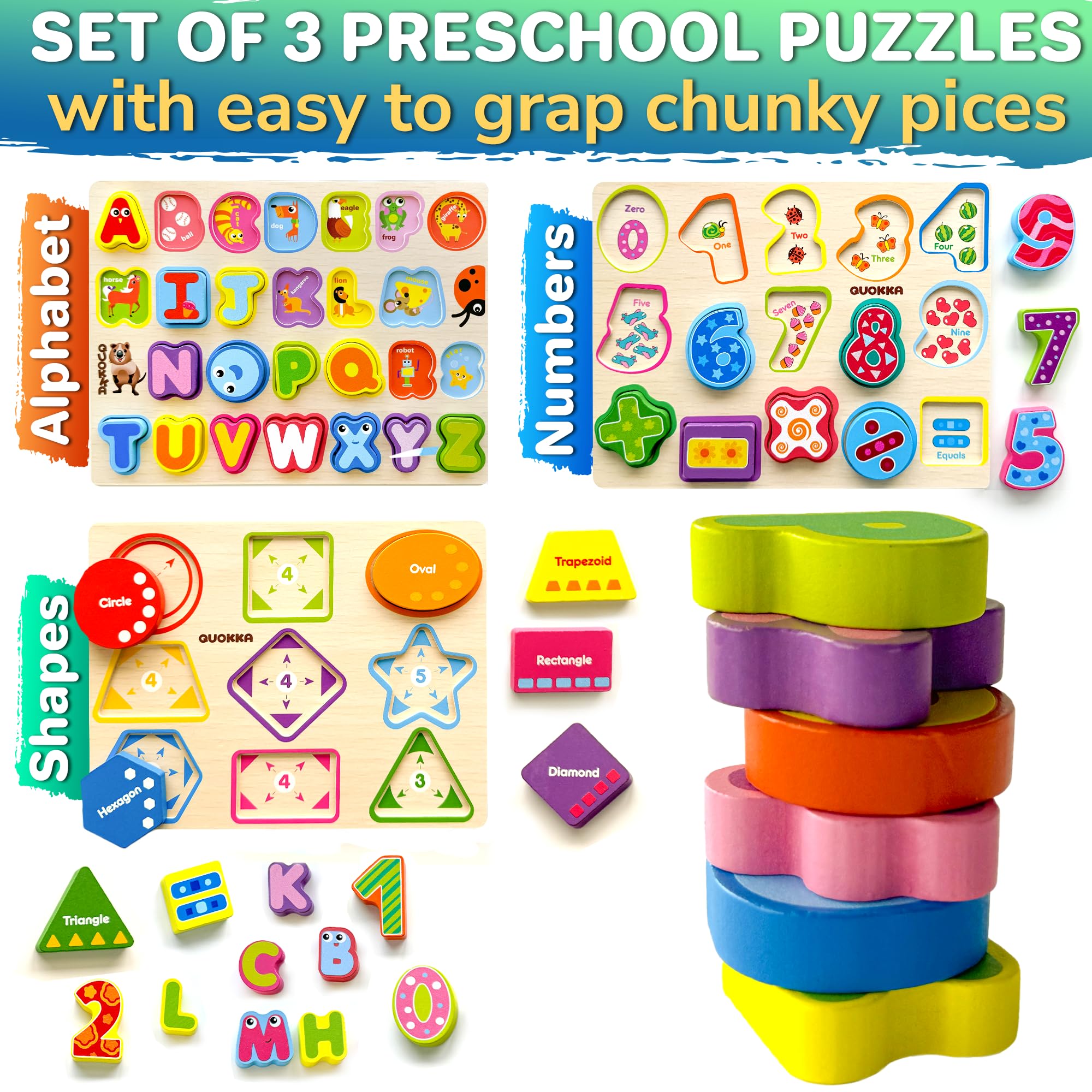 QUOKKA wooden puzzle pieces in toddler hands highlighting easy-grip chunky shapes.