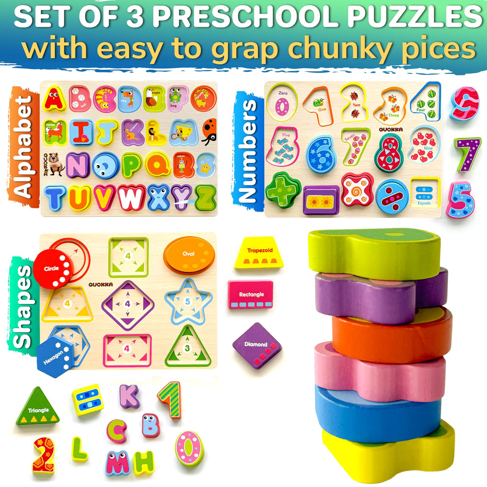 QUOKKA wooden puzzle pieces in toddler hands highlighting easy-grip chunky shapes.
