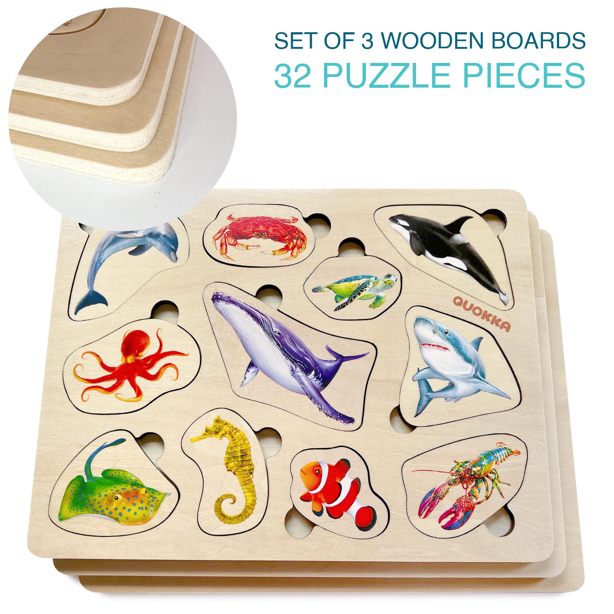 QUOKKA wooden puzzle set shows vibrant animals to boost eye-hand coordination