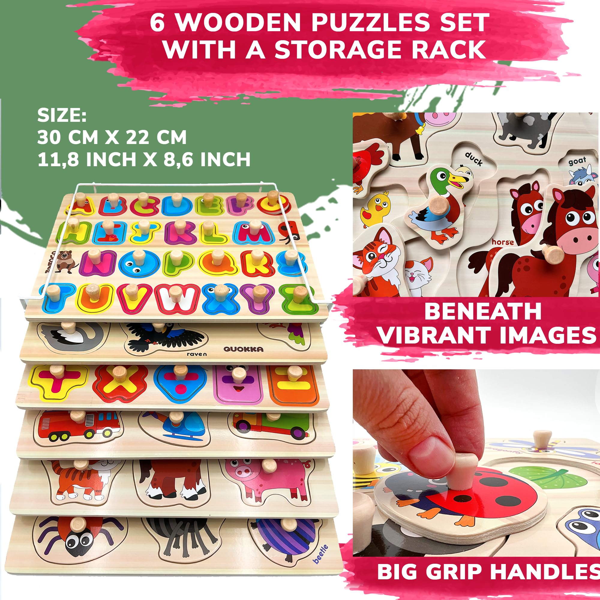 QUOKKA wooden puzzles vehicles pack fosters fine motor skills with colorful transport scenes