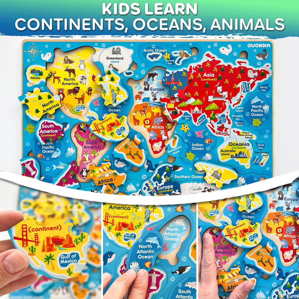 QUOKKA world map puzzle encourages geographic exploration and hand-eye coordination