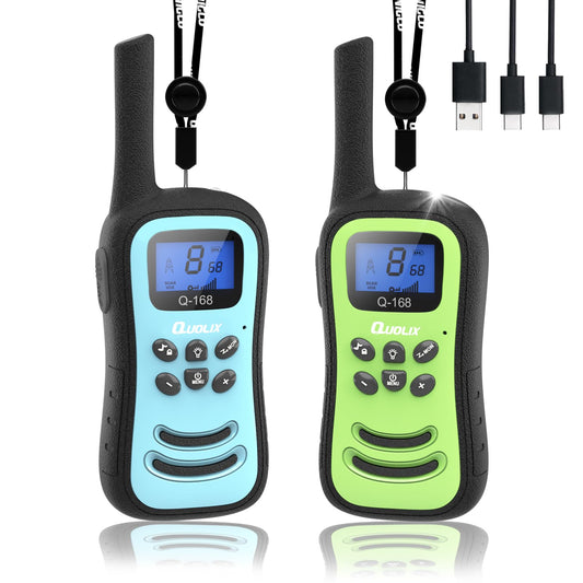 QUOLIX kids walkie talkies two-pack on outdoor hike enabling safe exploration.