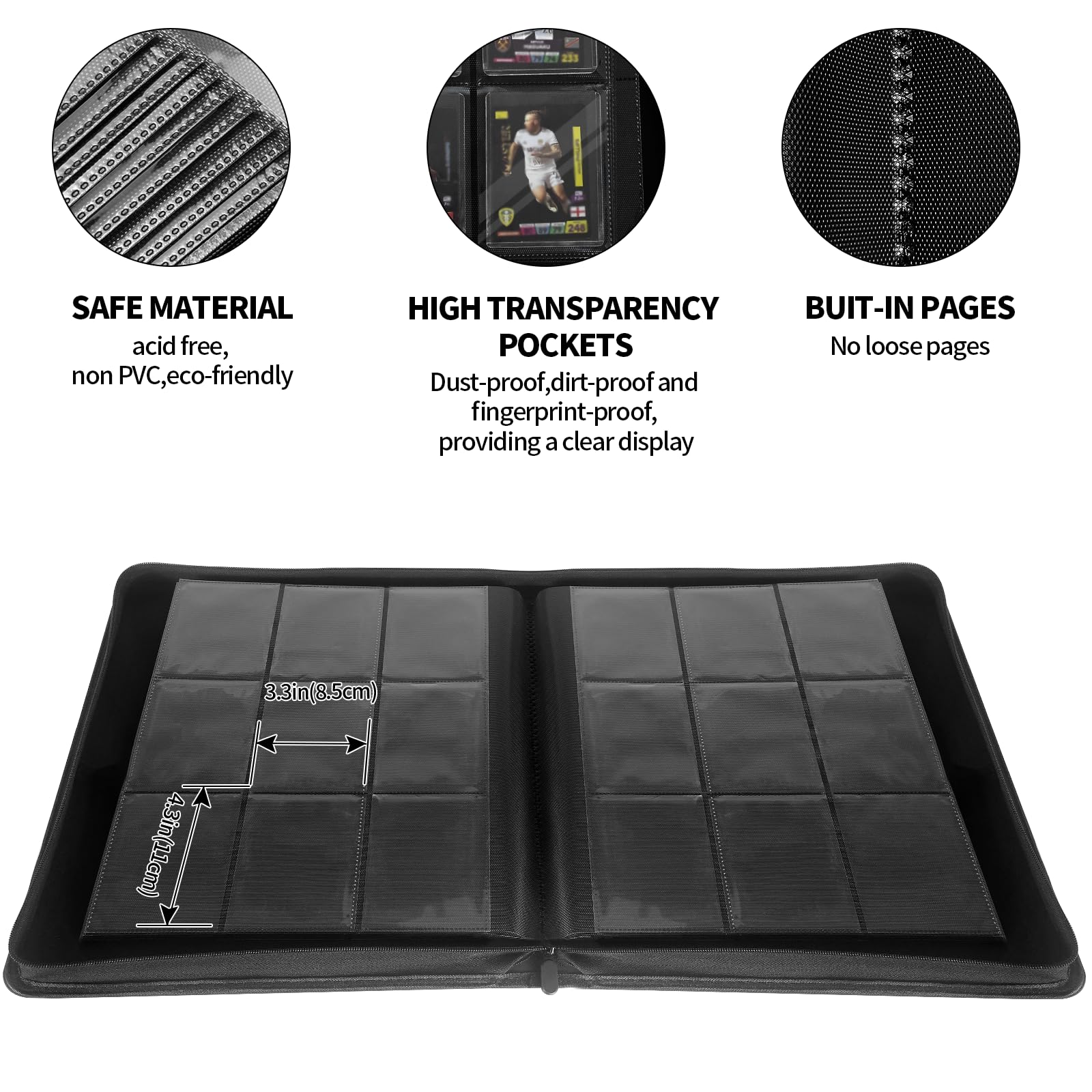 Qurhafoo toploader binder uses acid-free pages for long-term card protection.
