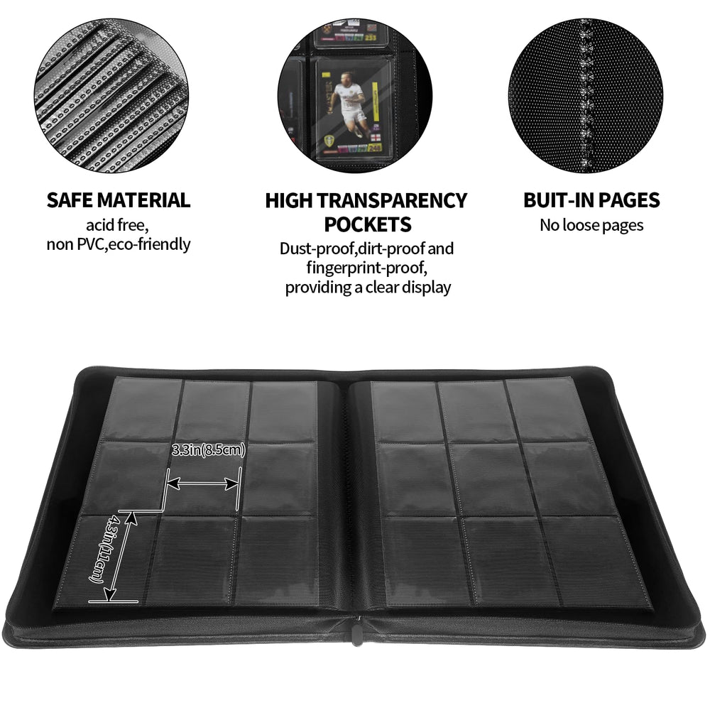 Qurhafoo toploader binder uses acid-free pages for long-term card protection.