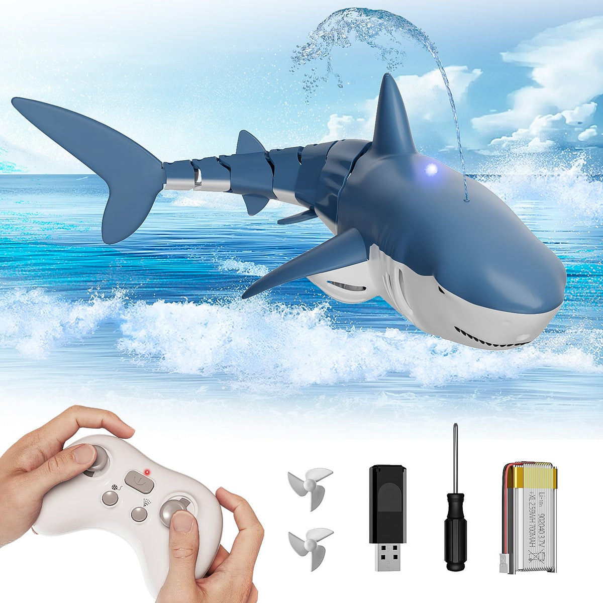 Qusases waterproof RC shark toy front view for pool play and underwater exploration