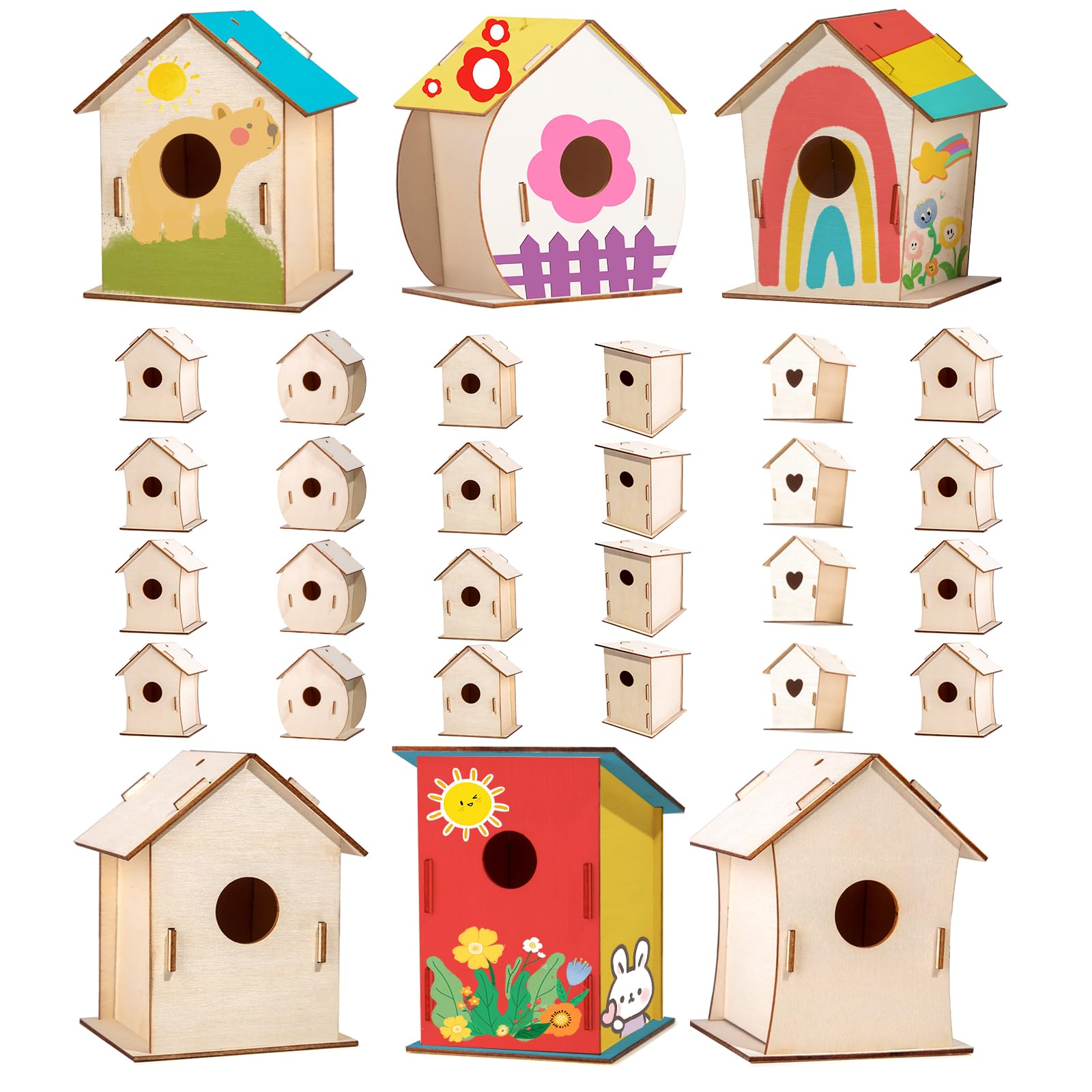 QUYSK birdhouse kit with six shapes, ideal for kids' crafts and classrooms.